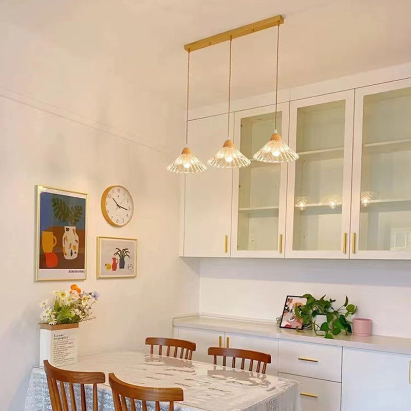 Lustre contemporain nordique en bois et verre à 3 lumières pour salon 
