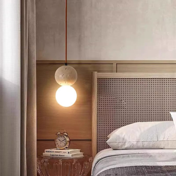 Lampe suspendue 1 lumière en pierre de globe japonais traditionnel en bois et verre pour salon 