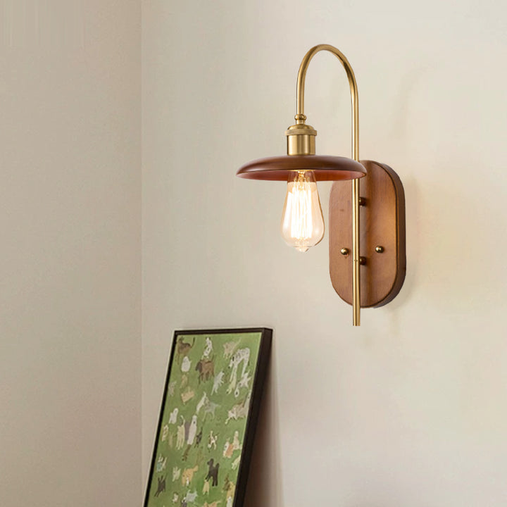 Zeitgenössische nordische runde Eisen-Holz 1-Licht Wandleuchte für das Wohnzimmer 