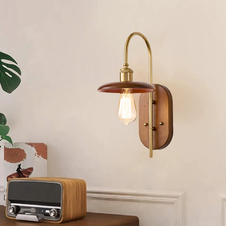 Zeitgenössische nordische runde Eisen-Holz 1-Licht Wandleuchte für das Wohnzimmer 
