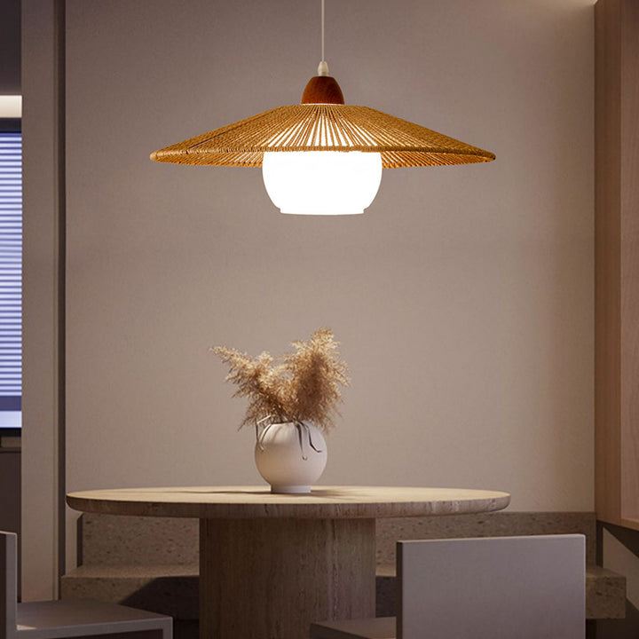 Lámpara colgante de 1 luz de vidrio, ratán y madera japonesa tradicional para sala de estar 