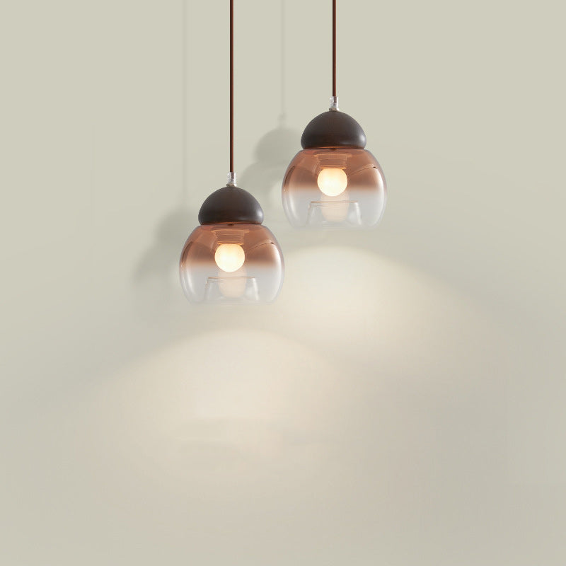Lámpara colgante contemporánea retro ovalada de madera y vidrio de 1 luz para sala de estar 