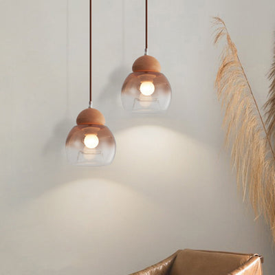 Lámpara colgante contemporánea retro ovalada de madera y vidrio de 1 luz para sala de estar 