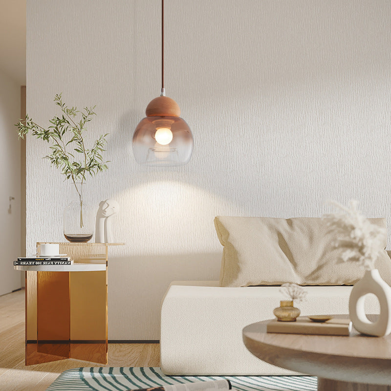 Lámpara colgante contemporánea retro ovalada de madera y vidrio de 1 luz para sala de estar 