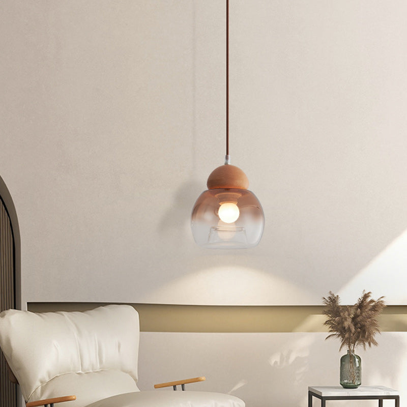 Lámpara colgante contemporánea retro ovalada de madera y vidrio de 1 luz para sala de estar 
