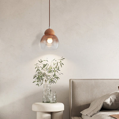 Lámpara colgante contemporánea retro ovalada de madera y vidrio de 1 luz para sala de estar 