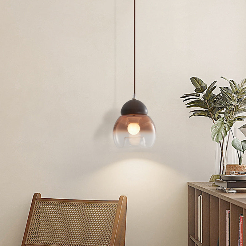 Lámpara colgante contemporánea retro ovalada de madera y vidrio de 1 luz para sala de estar 