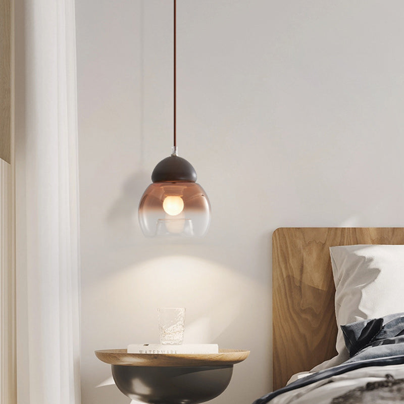 Lámpara colgante contemporánea retro ovalada de madera y vidrio de 1 luz para sala de estar 