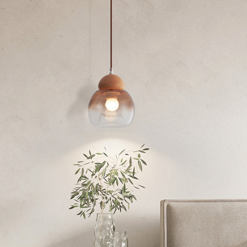 Lámpara colgante contemporánea retro ovalada de madera y vidrio de 1 luz para sala de estar 