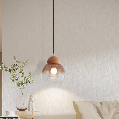 Lámpara colgante contemporánea retro ovalada de madera y vidrio de 1 luz para sala de estar 