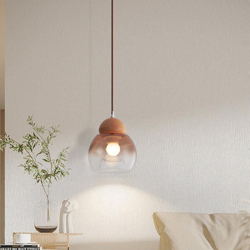Lámpara colgante contemporánea retro ovalada de madera y vidrio de 1 luz para sala de estar 