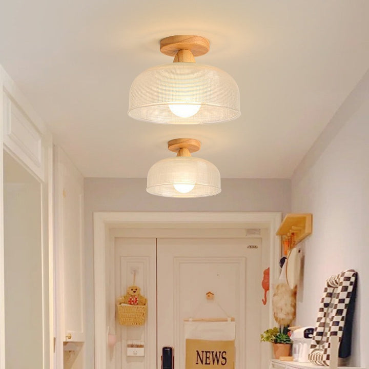 Plafonnier semi-encastré contemporain nordique en bois, fer et verre à 1 lumière pour le salon 
