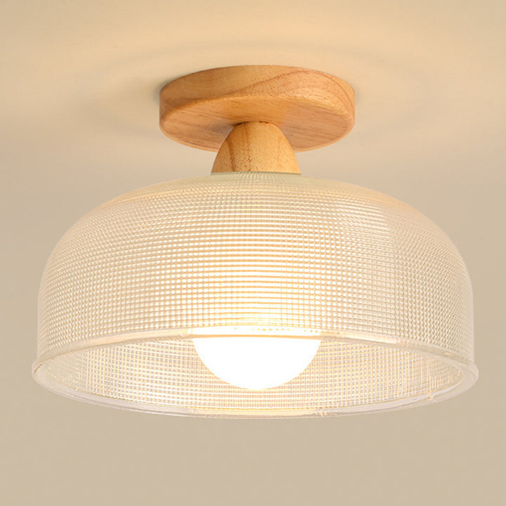 Plafonnier semi-encastré contemporain nordique en bois, fer et verre à 1 lumière pour le salon 