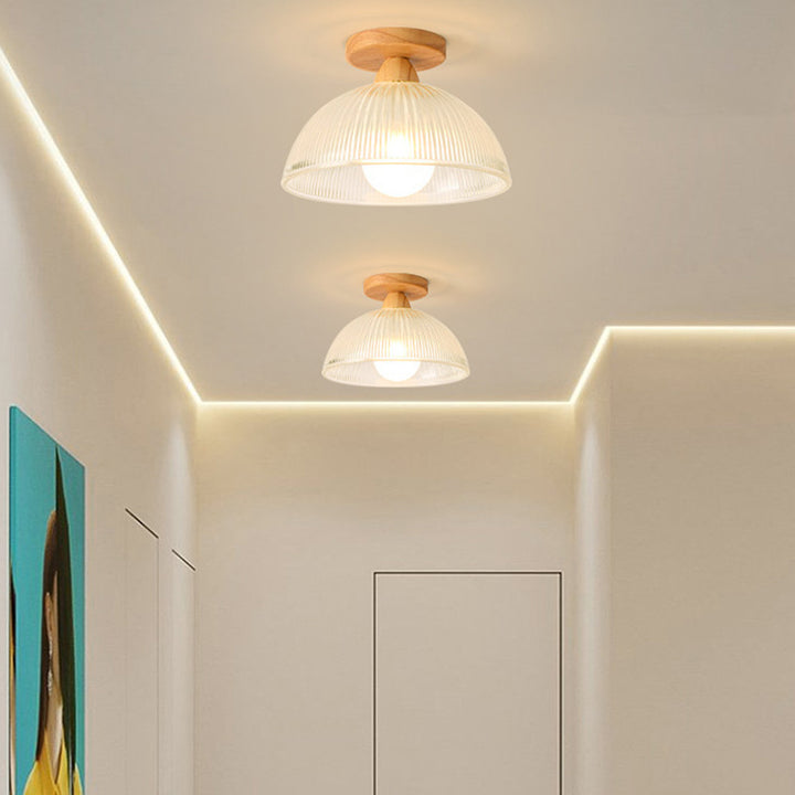 Plafonnier semi-encastré contemporain nordique en bois, fer et verre à 1 lumière pour le salon 