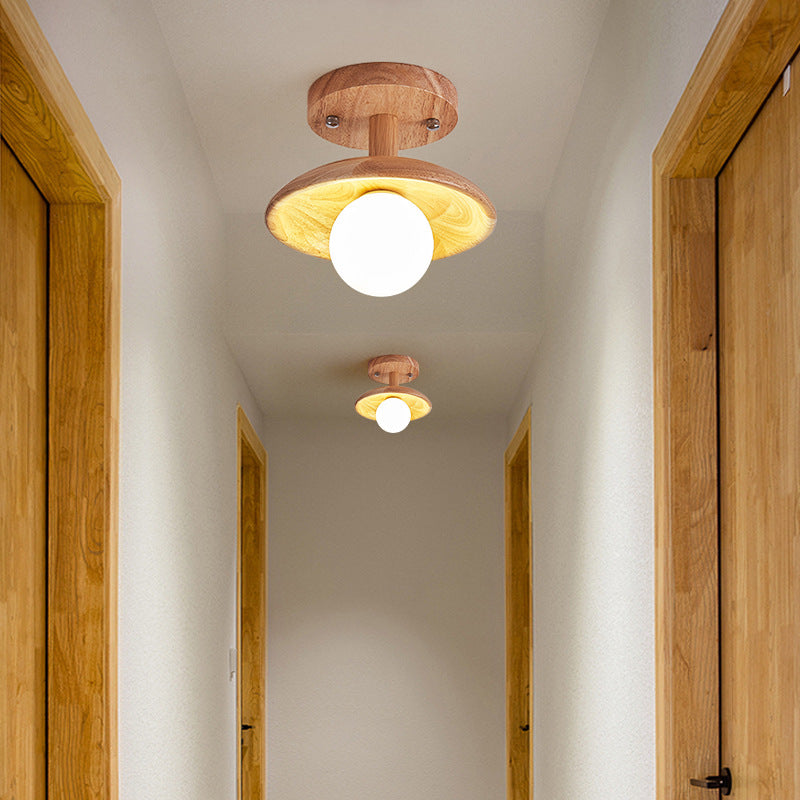 Plafonnier semi-encastré à 1 lumière en bois rond traditionnel japonais pour salon 