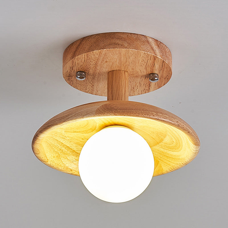 Plafonnier semi-encastré à 1 lumière en bois rond traditionnel japonais pour salon 