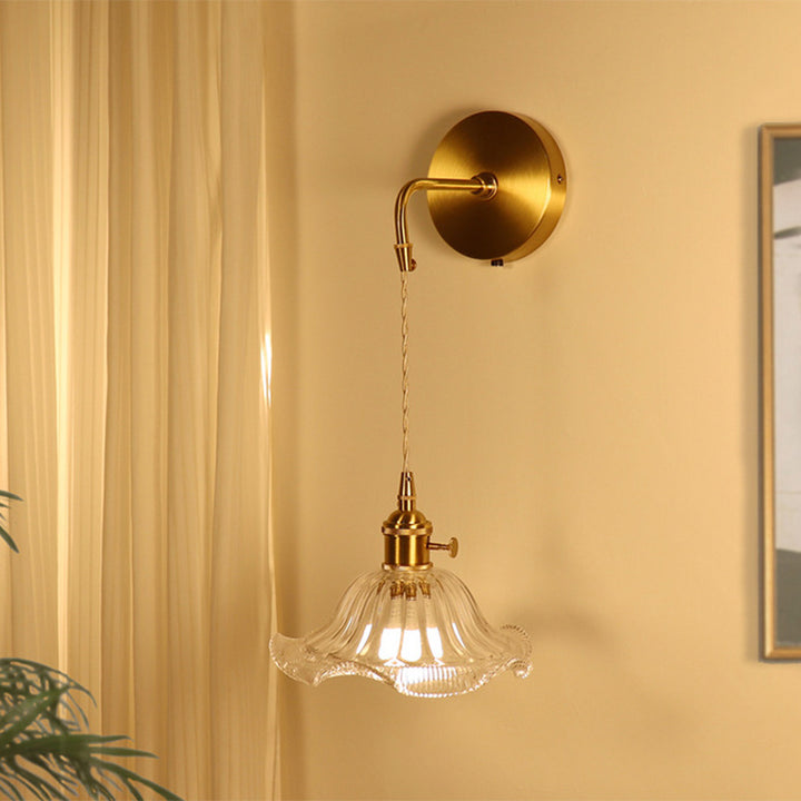 Lámpara de Aplique de Pared de 1 Luz de Vidrio de Cobre con Flor Tradicional Francesa para Sala de Estar 