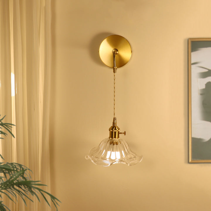 Lámpara de Aplique de Pared de 1 Luz de Vidrio de Cobre con Flor Tradicional Francesa para Sala de Estar 