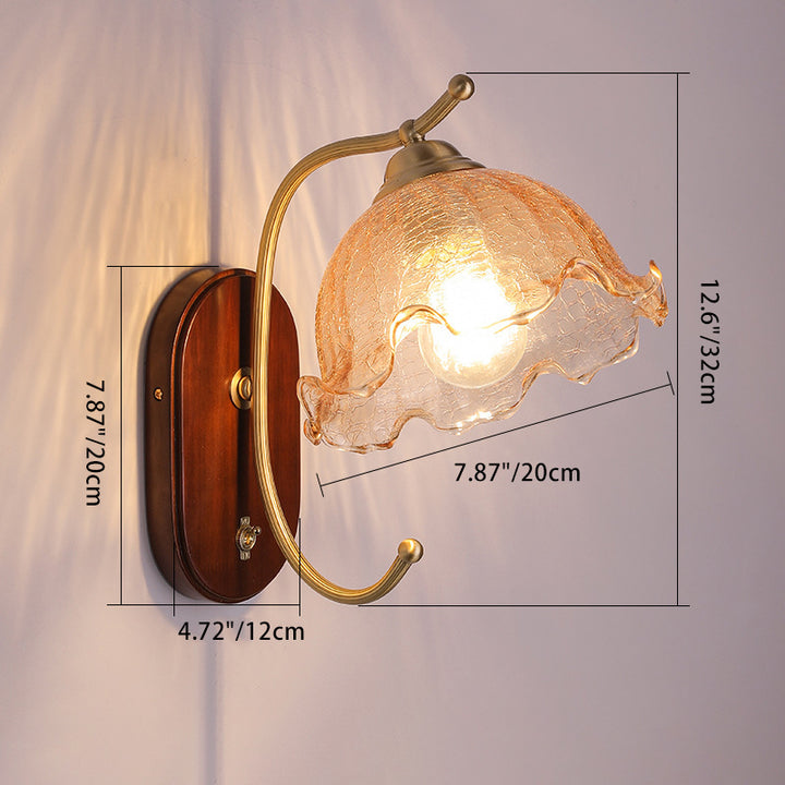 Lámpara Aplique de Pared de 1 Luz con Cúpula Francesa Tradicional de Madera y Vidrio de Cobre para Sala de Estar 