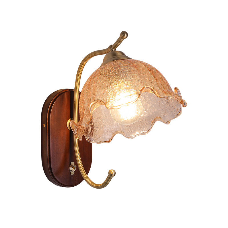 Traditionelle französische Kuppel Holz Kupfer Glas 1-Licht Wandleuchte für Wohnzimmer 