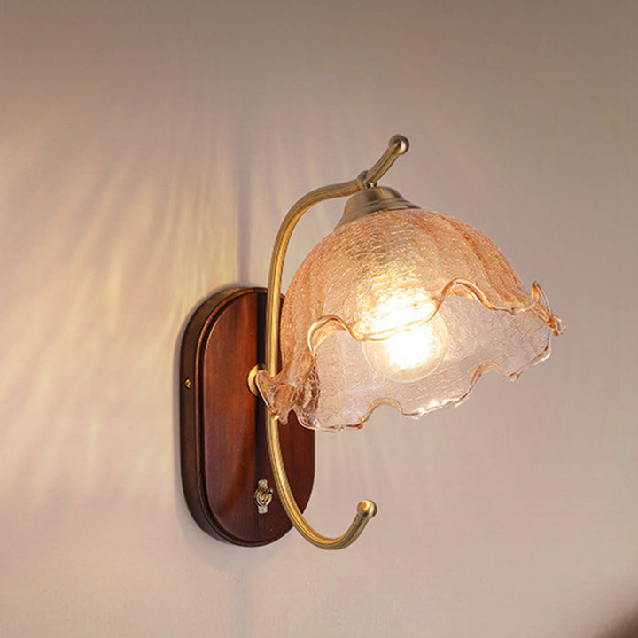 Lámpara Aplique de Pared de 1 Luz con Cúpula Francesa Tradicional de Madera y Vidrio de Cobre para Sala de Estar 