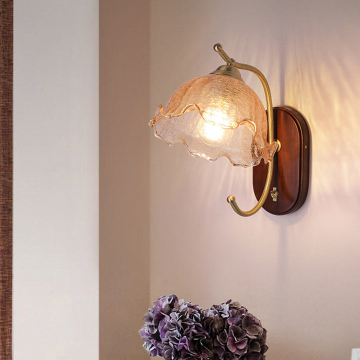Lámpara Aplique de Pared de 1 Luz con Cúpula Francesa Tradicional de Madera y Vidrio de Cobre para Sala de Estar 