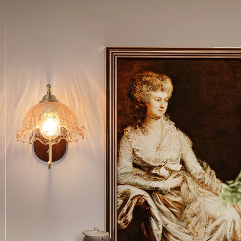 Traditionelle französische Kuppel Holz Kupfer Glas 1-Licht Wandleuchte für Wohnzimmer 