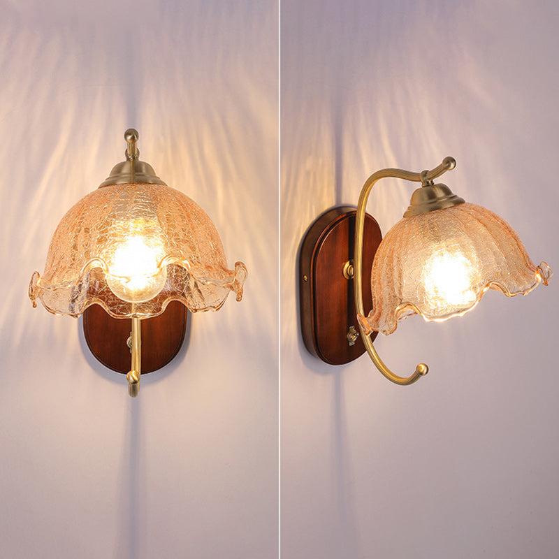Traditionelle französische Kuppel Holz Kupfer Glas 1-Licht Wandleuchte für Wohnzimmer 