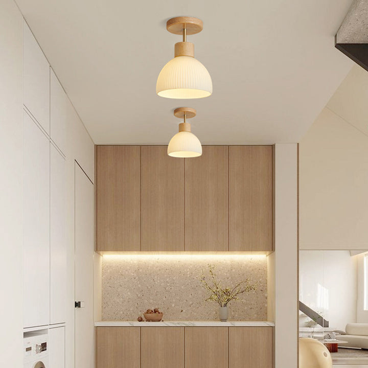 Traditional Japanese Dome Wood Iron Glass 1-Light Semi-Flush Mount Ceiling Light For Living Room