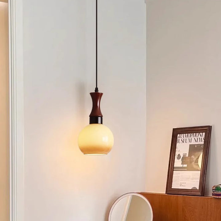 Traditional Vintage Oval Iron Wood Glass 1-Light Pendant Light For Living Room