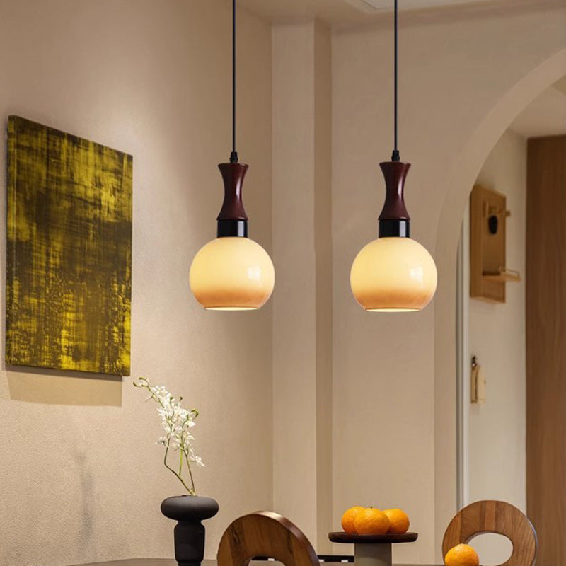 Traditional Vintage Oval Iron Wood Glass 1-Light Pendant Light For Living Room
