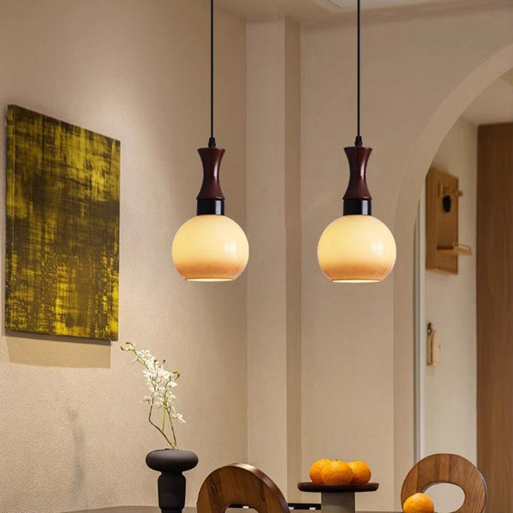 Traditional Vintage Oval Iron Wood Glass 1-Light Pendant Light For Living Room