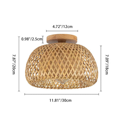 Plafonnier semi-encastré à 1 lumière en bois rond traditionnel chinois avec rotin pour salle à manger 