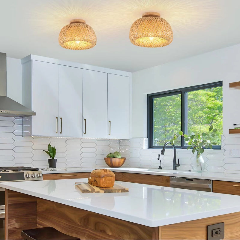 Plafonnier semi-encastré à 1 lumière en bois rond traditionnel chinois avec rotin pour salle à manger 