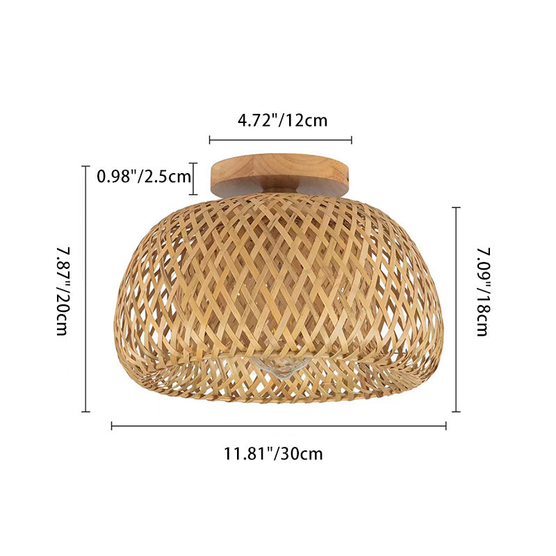 Plafonnier semi-encastré à 1 lumière en bois rond traditionnel chinois avec rotin pour salle à manger 