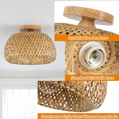 Plafonnier semi-encastré à 1 lumière en bois rond traditionnel chinois avec rotin pour salle à manger 