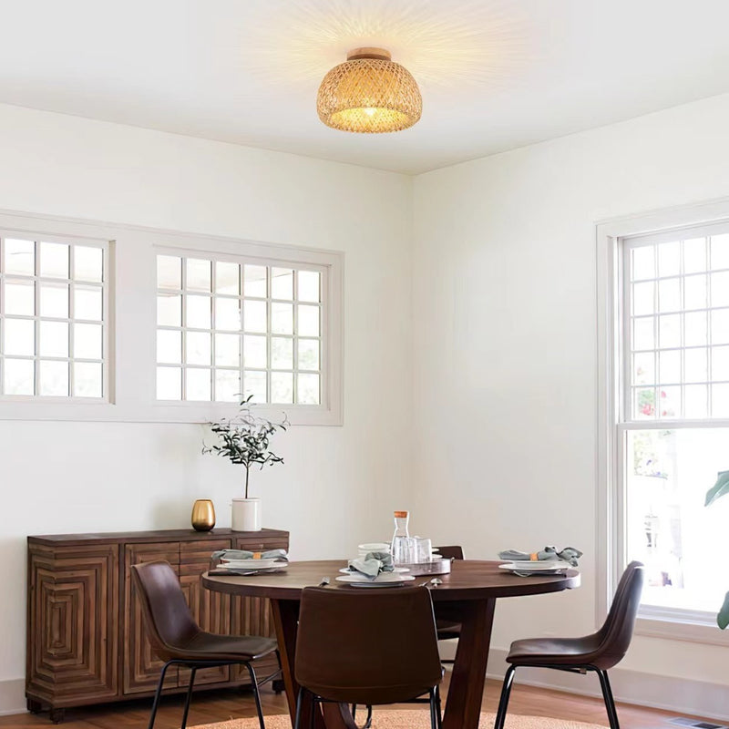 Plafonnier semi-encastré à 1 lumière en bois rond traditionnel chinois avec rotin pour salle à manger 