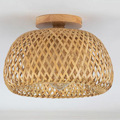 Plafonnier semi-encastré à 1 lumière en bois rond traditionnel chinois avec rotin pour salle à manger 