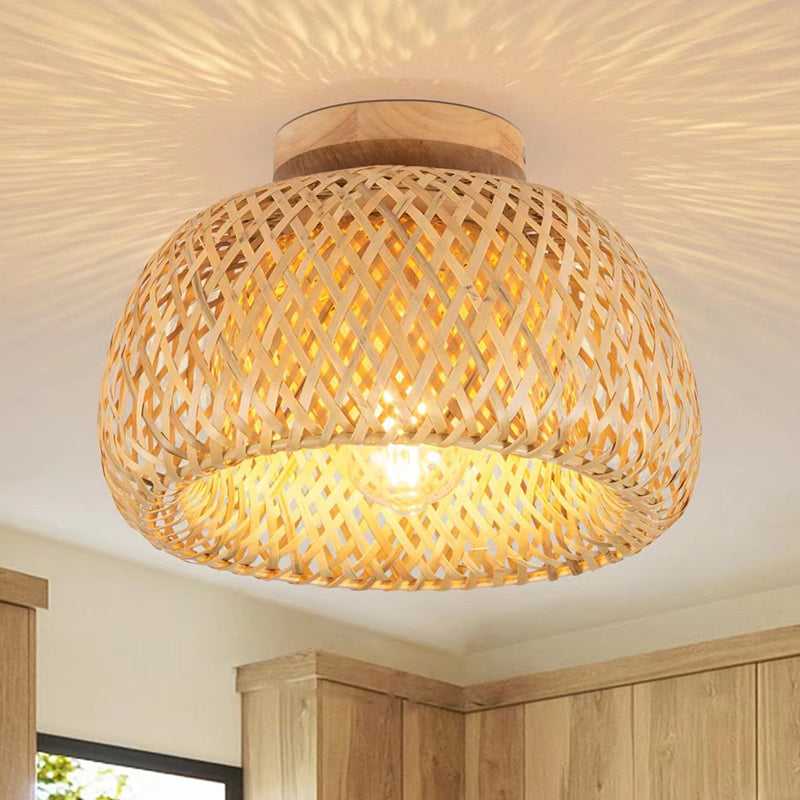 Plafonnier semi-encastré à 1 lumière en bois rond traditionnel chinois avec rotin pour salle à manger 