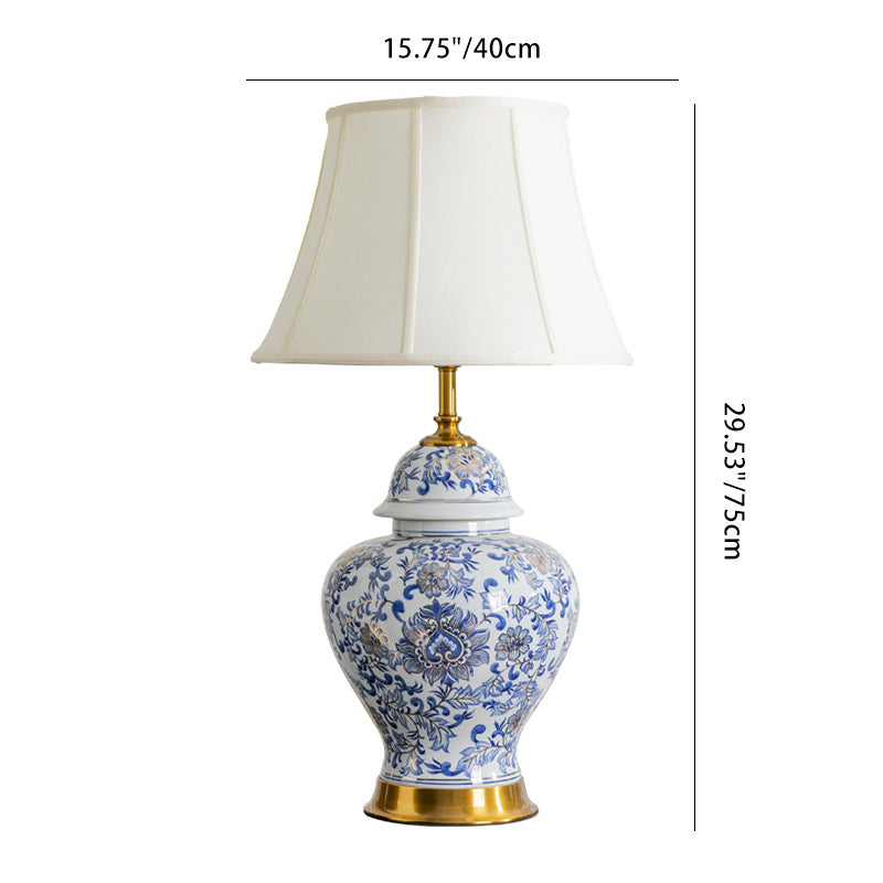 Lampe de Table 1 Lumière en Tissu Céramique avec Tambour Chinois Traditionnel pour Salon 