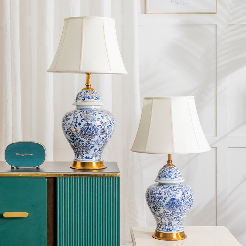 Lampe de Table 1 Lumière en Tissu Céramique avec Tambour Chinois Traditionnel pour Salon 