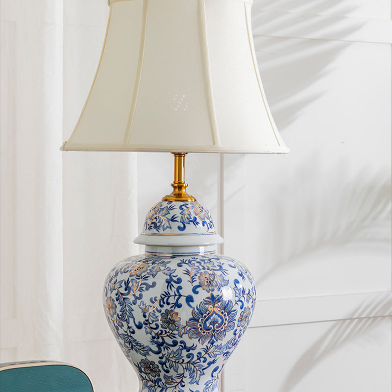 Lampe de Table 1 Lumière en Tissu Céramique avec Tambour Chinois Traditionnel pour Salon 