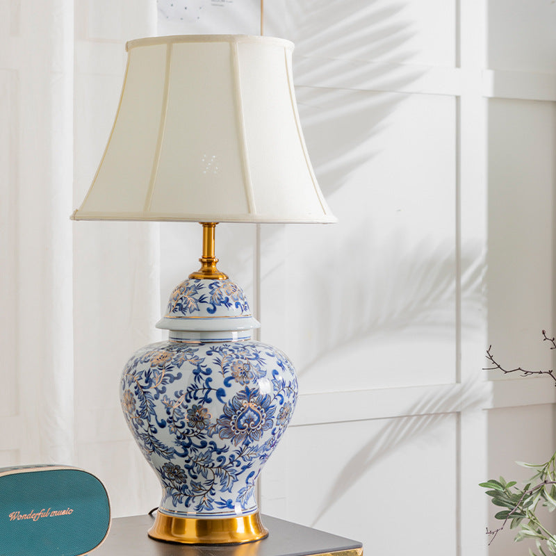 Lampe de Table 1 Lumière en Tissu Céramique avec Tambour Chinois Traditionnel pour Salon 