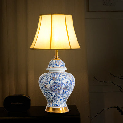 Lampe de Table 1 Lumière en Tissu Céramique avec Tambour Chinois Traditionnel pour Salon 