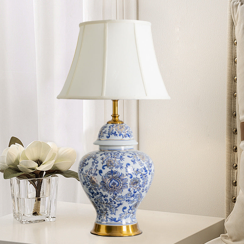 Lampe de Table 1 Lumière en Tissu Céramique avec Tambour Chinois Traditionnel pour Salon 