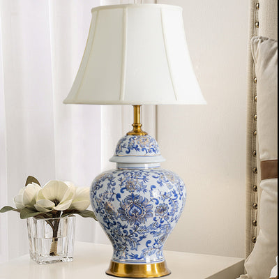 Lampe de Table 1 Lumière en Tissu Céramique avec Tambour Chinois Traditionnel pour Salon 