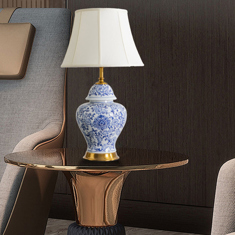 Lampe de Table 1 Lumière en Tissu Céramique avec Tambour Chinois Traditionnel pour Salon 