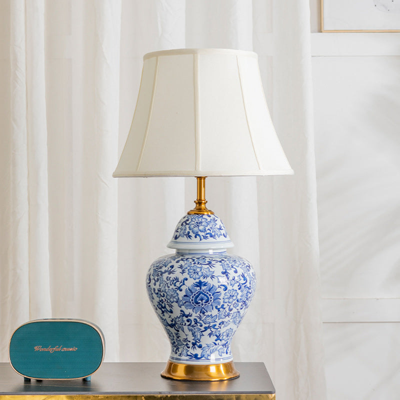 Lampe de Table 1 Lumière en Tissu Céramique avec Tambour Chinois Traditionnel pour Salon 