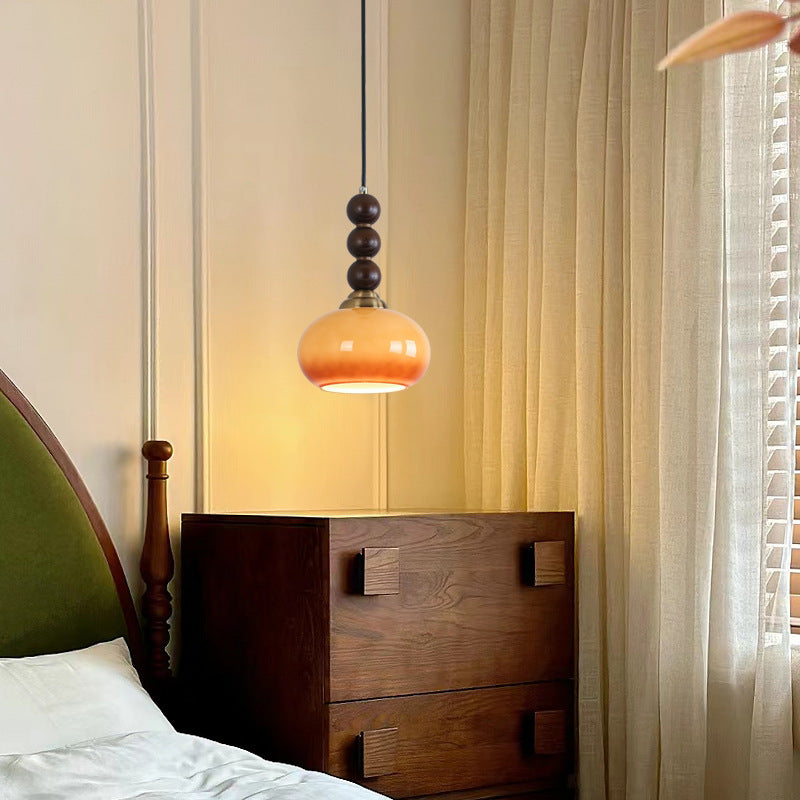 Traditional Vintage Oval Iron Wood Glass 1-Light Pendant Light For Living Room