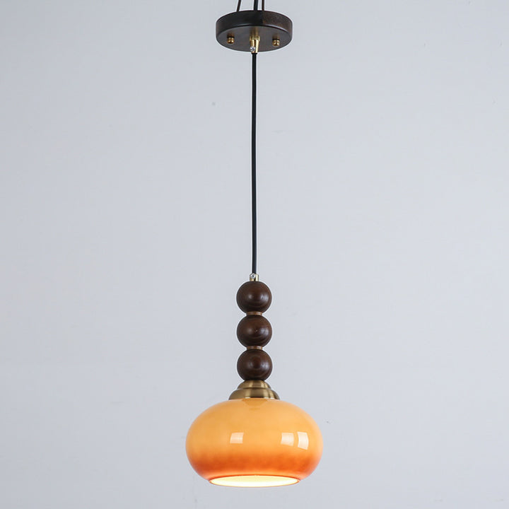 Traditional Vintage Oval Iron Wood Glass 1-Light Pendant Light For Living Room
